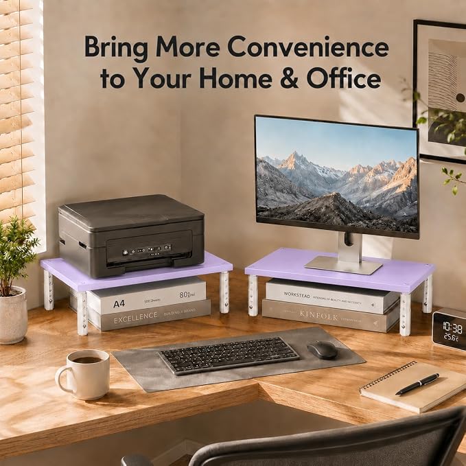 Adjustable Monitor Stand Riser for Desk, Wood Computer & Laptop Stand, Desk Organizers and Accessories, Office Desk Accessories & Workspace Organizer for Home Office Supplies, Purple