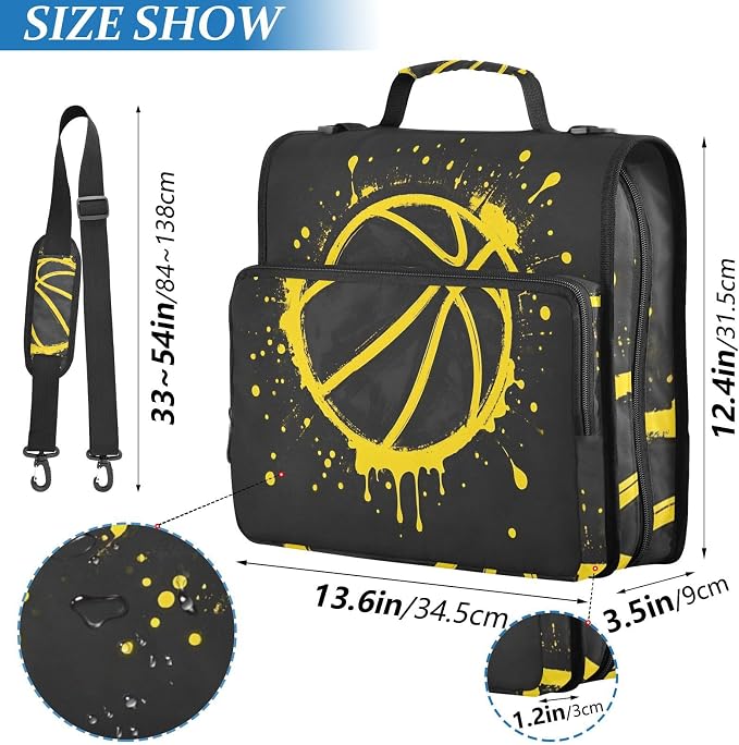 3 Ring Zipper Binder with Shoulder Strap Yellow Basketball Splash Black 1.5 inch Binders Keeper Large Capacity Multi Pockets for School Office Supplies
