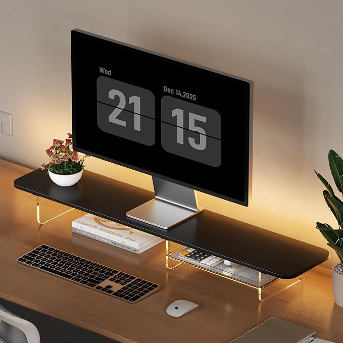 AFOOYO Large Dual Monitor Stand For Desk,43 Inch Desktop Computer Riser with Felt Drawer Acrylic Legs Desk Shelf Organizer For Computer/Laptop/PC/Printer/TV