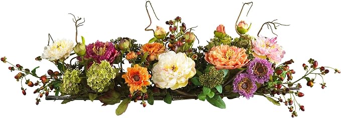 Nearly Natural 4665 Mixed Mini Peony Centerpiece Silk Flower Arrangement,10"D x 34"W x 6.5"H | Plush Pastel Petals, Rustic Intertwined Twigs, Maintenance-Free, Dining Table or Fireplace Mantel Accent