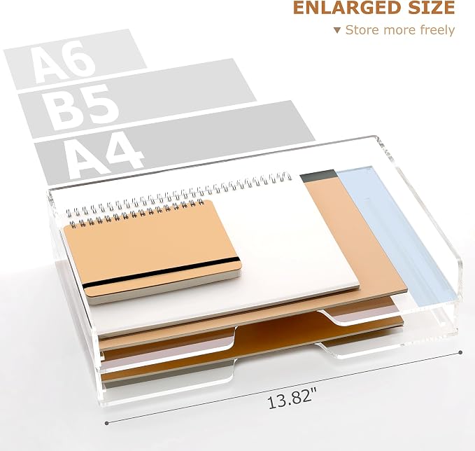 2 Pack-Stackable Paper Letter Tray Enlarged A4 File Desk Organizer Acrylic | Desk Organizers and Accessories Sorter Tray, Clear Workspace Office Supplies Organizers, 13.78inx9.25inx3.62in