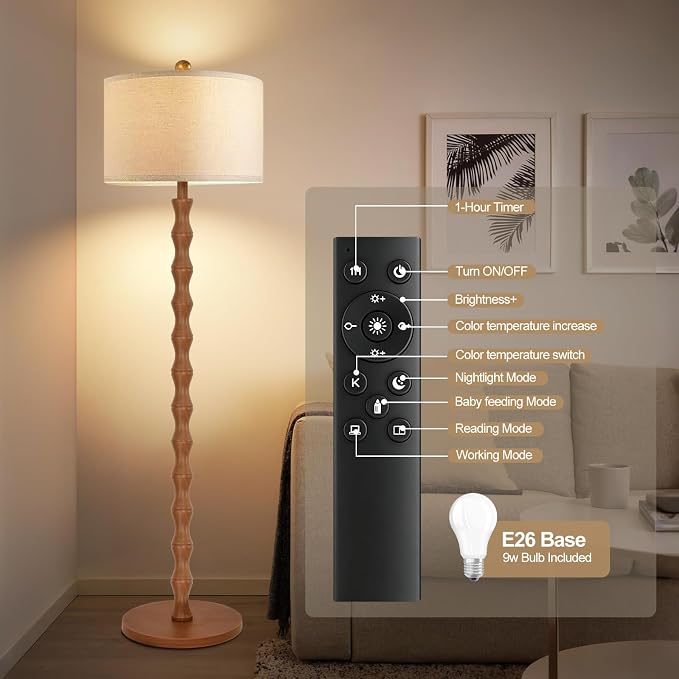 ZECOXOL Wood Floor Lamp with 3 Color Temperatures,Boho Floor Lamp with Remote Control,Dimmable Vintage Floor Lamp Mid Century Modern Standing Lamp Farmhouse Tall Pole Lamp for Living Room Bedroom