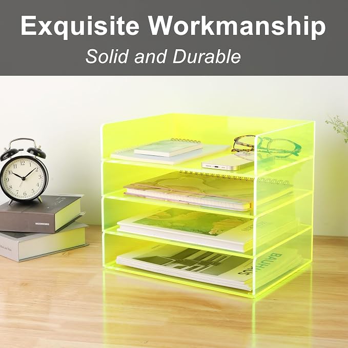 Gelite Acrylic File Organizer for Desk 4 Tiered Stackable Letter Tray Office Paper Storage Desktop Document Sorter, Neon Green