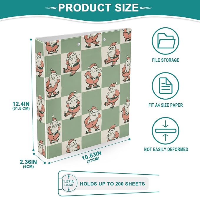 Green Checkered Funny Santa Claus Binder 3 Ring 1.5 Inch Binder with Clipboard&Pockets, Hardcover Binders Heavy Duty Large File Folder for Office School Supplies - Holds 200 Sheets