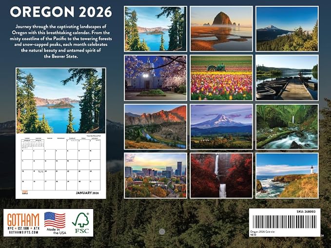 Oregon Calendar 2026 Wall 12 Month Monthly OR Scenic Souvenirs Oregonian Themed Gifts | American Made In The USA