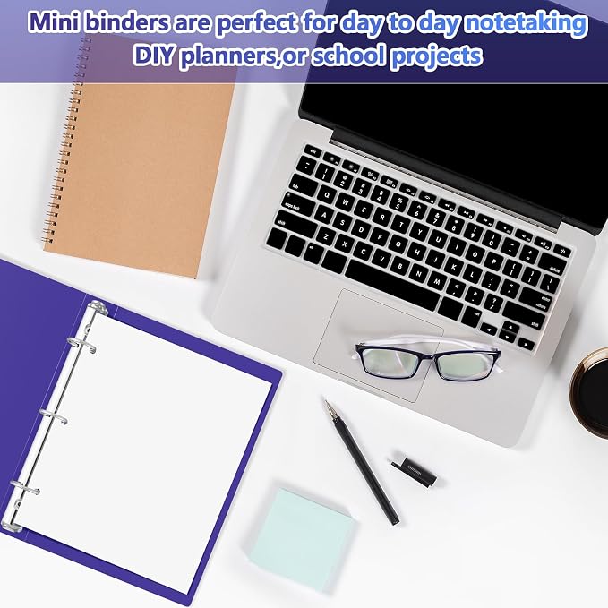 Henoyso 1 Inch 6 Pack Mini 3 Ring Binders for 5.5"x8.5" Paper,Purple | Holds 200 Sheets, Plastic Small Binders, Round Three Rings, Flexible PP Covers, School Office, Photo Album Planner Journal