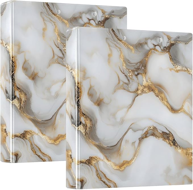 White Marble Gold Pattern 3 Ring Binder 1.5 Inch 2 Pack with 200 Sheet for Kids School Supplies Women Men Office