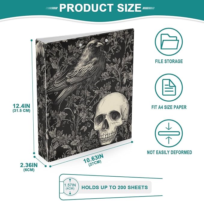 Gothic Skull with Crow Goth Black Binder 1.5 Inch Binder with Clipboard&Pockets, Hardcover Binders 3 Ring, Heavy Duty Large File Folder for Office School Supplies - Holds 200 Sheets