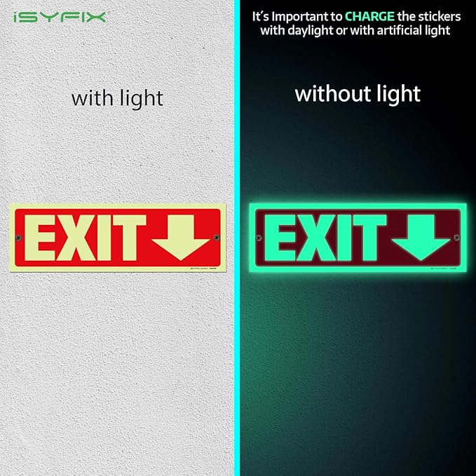 iSYFIX Exit Signs with Directional Down Arrow - 2 Pack 12x4 Inch Glow in the Dark for Business, School, Office, Warehouse - Durable 40 Mil Polystyrene, UV Laminated, Waterproof, Scratch & Fade Resistant