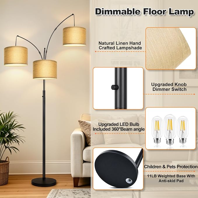 Nintiue Dimmable Floor Lamp - 3 Lights Gold Arc Floor Lamps for Living Room, 1000LM Modern Tall Standing Lamp with Black Shades&Heavy Base,3 LED Bulbs Included-Champagne