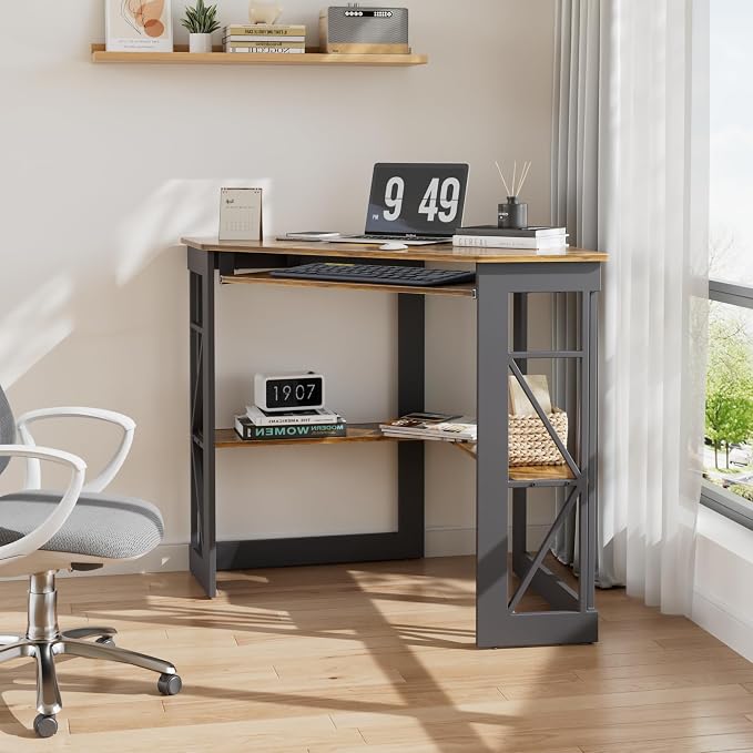 VECELO Corner Desk Computer Desk Writing Table with Smooth Keyboard Tray & Storage Shelves,Compact Home Office Triangle Table,Antique Brown