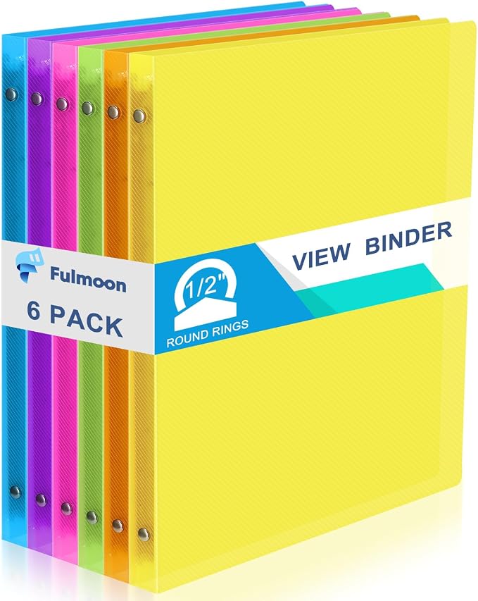Fulmoon 6 Pack 0.5 Inch Plastic 3 Ring Binders with Pockets, Neon Colors | Flexible Covers with Round Rings and Front Pockets for Organizing Papers at School, Office, Meetings and Presentations