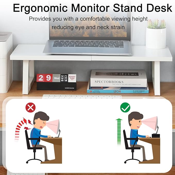 TEAMIX 24 inch Monitor Riser for Desk, Wood & Steel Computer/TV Stand White | Laptop, PC, Printer Stand Riser, Holds 150lbs, Desktop Organizer, Keyboard Storage, for Office, Home, Gaming, Craft Space