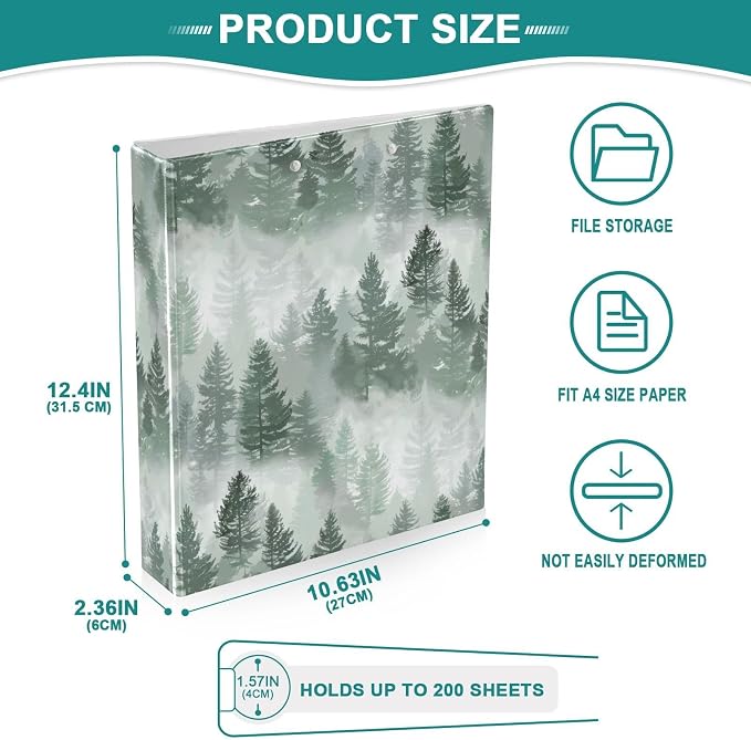 Mist Fir Tree Forest Green Trees 3 Ring Binder 1.5" Decorative D-Ring Binder with Clipboard&3 Clear Pockets, Holds 200 Sheets A4 Size Paper Waterproof Binders for School Home Office
