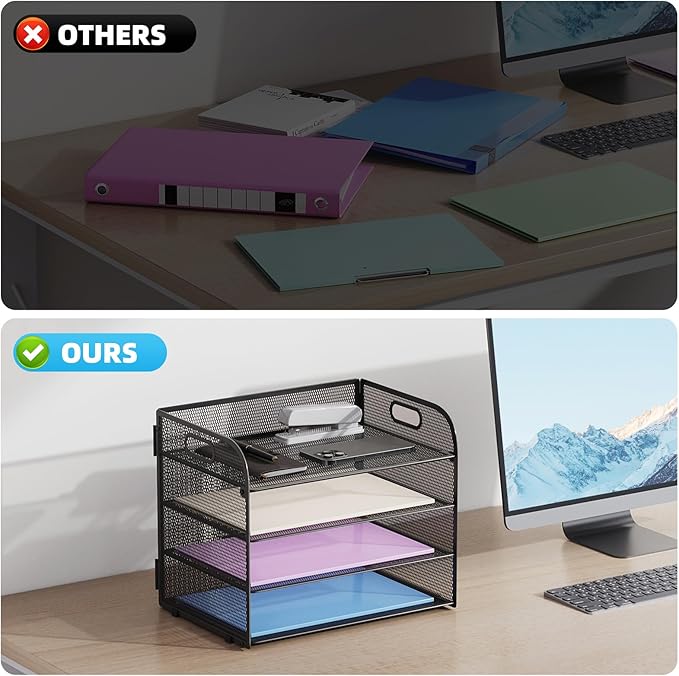 Marbrasse 4 Tier Paper Organizer Letter Tray - Mesh Desk File Organizer with Handle, Paper Sorter Organizer for Letter/A4 Office File Folder Holder (Black, 12.6" x 9.1" x 10.7")