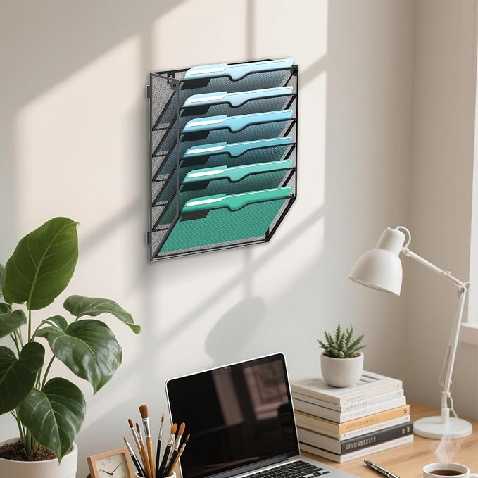 6-Tier Wall File Organizer, Wall Mounted Mail Sorter, 2 Pack | Metal Mesh Hanging File Organizer with Open Compartments and Label Panels for Papers and Folders at Home, Office or School