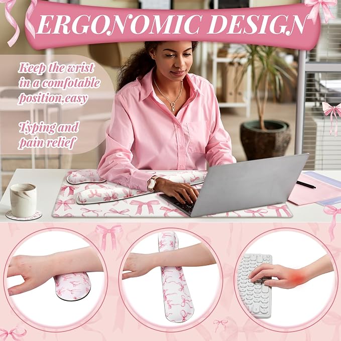 Relaxweex 4 Pcs Pink Bow Mouse Pad Keyboard Mat Set Wrist Rest | Coquette Desk Mat, Bowknot Mouse Pad, Cute Keyboard Wrist Rest, Preppy Cup Coasters, Office Computer Accessories