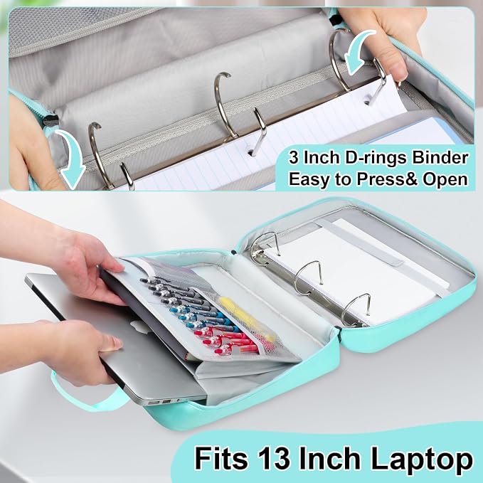 3 Inch D-Ring Zipper Binder Bag, 700 Sheet Capacity Multi-Pockets Organizer, 13 Inch Laptop Carrying Case with Bottle Holder& Shoulder Strap for School Office (Blue)