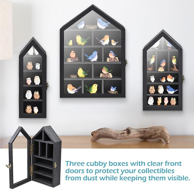 Ikee Design 3-Pc Wall-Mounted Wooden Display Case with Glass Doors | Shadow Cubby Box Display Shelf Wall-Mounted with Door Storage Display Case for Collectibles, Trinkets, Mini Figures, Black