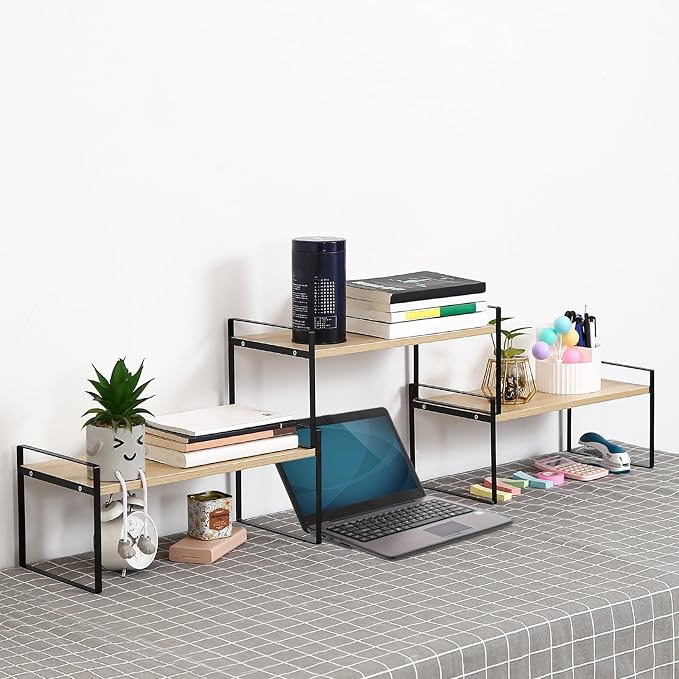 YGYQZ Desk Shelf Organizer for Top of Desk, 3-Tier Desktop Bookshelf, Black & Wood