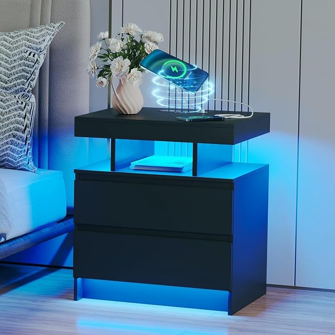 dnbss LED Nightstand with Charging Station, Smart Bedside Table, Black | Modern Night Stand, Floating Desktop, 2 Drawers, 1 Compartment, Human Body Sensor, for Bedroom Living Room Office Storage