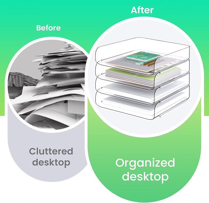 Tomorotec 4 Pack Clear Stackable Letter Tray, A4 Desk File Organizer Set | Durable PET Anti-Skid Base For Home, School Or Office Document Paper Storage. Side Load Access Design, Portrait