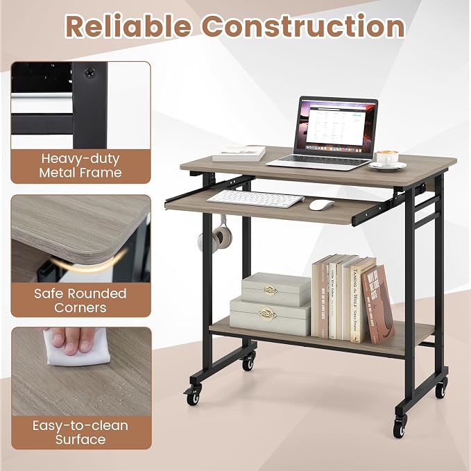 GIANTEX Rolling Computer Desk, Mobile Desk with Keyboard Tray & Wheels, Portable Laptop PC Table Cart with Shelf & Hooks, Small Desk for Small Spaces, Bedroom, Apartment (Grey Oak)