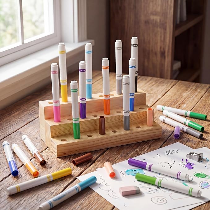 Cinnvoice Wooden Marker Stand Marker Pen Holder Storage Organizer for Classroom Display Stand Paint Brush Holder for Organization Storage Supplies (24 Holes)
