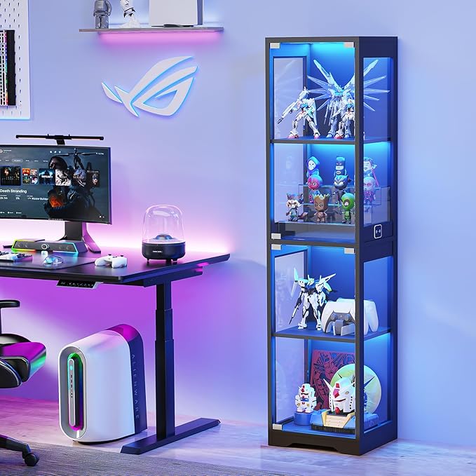 BROTTAR Glass Display Cabinet, Display Case for Collectibles, Black | 4-Tier Curio Cabinets with 3 Color Lights&Human Body Sensor, Storage Cabinet with Glass Door