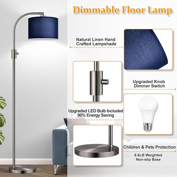 Nintiue Upgraded Modern Arc Dimmable Tall Standing Floor Lamp with Blue Shade, 1200 Lumens LED Bulb Included, for Living & Reading Room, Bedroom, Office & Nursery, Brushed Nickel