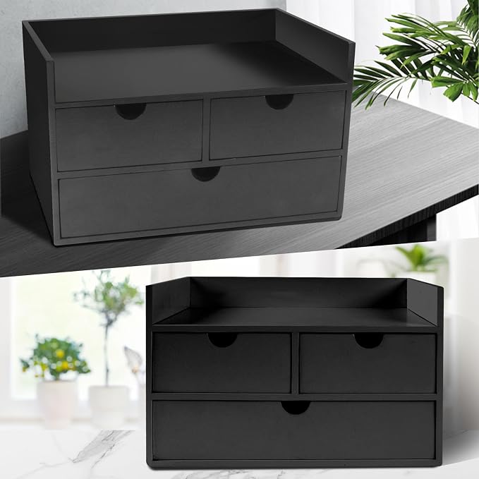 Charmewooden Bamboo Desk Organizer 3 Drawer with Shelf, Countertop Organizer with Drawers Makeup Storage Drawer 3 Drawers Tabletop Storage Organization Box Home Office Workspace（Black）
