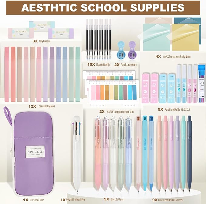 58 PCS Aesthetic School Supplies with Cute Pencil Case,12 Pastel Highlighters, 5 Gel Pens Black Ink，9 Mechanical Pencils for，Student Stationary，CollegeEssentials Gifts (Purple)