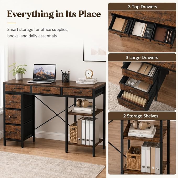 Simple Deluxe Computer Desk with 6 Drawers, 47 Inch Office Workstation with Storage Shelves, Reversible Corner Gaming Table, Home Office Study Desk with Fabric Organizer, Rustic Brown