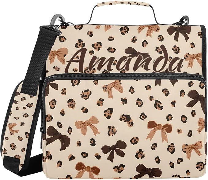 Custom 3 Ring Zipper Binder Leopard Print Bow Pattern Personalized Name 1.5 inch Binders Large Capacity Multi Pockets for School Office Supplies