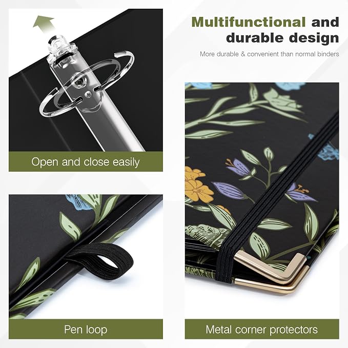 Ospelelf Small Three Ring Binder 2 Inch, Floral Round Ring Clipboard Binder with 5 Tab Dividers, File Folder Labels, for School and Office Supplies
