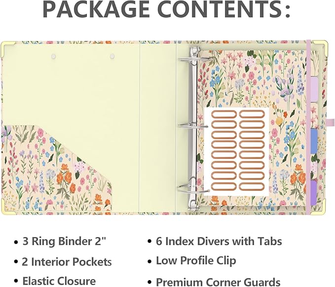 2 Inch 3 Ring Binder, Round Ring Binder with 6 Tab Dividers, 2 Interior Pockets, Cute Binders Clipboard with Storage for Letter-Size, Folders Organizer for School Office, Portfolio (Yellow Flower)