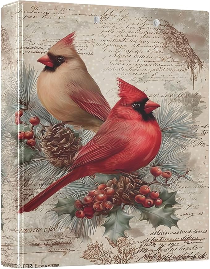 Cardinals Bird Pine Cone Christmas 3 Ring Binder with 2 Interior Pockets 1.5 inch Binders 3 Ring Heavy Duty Fit 8.5" x 11" Letter Size for Office School, 2 Pack