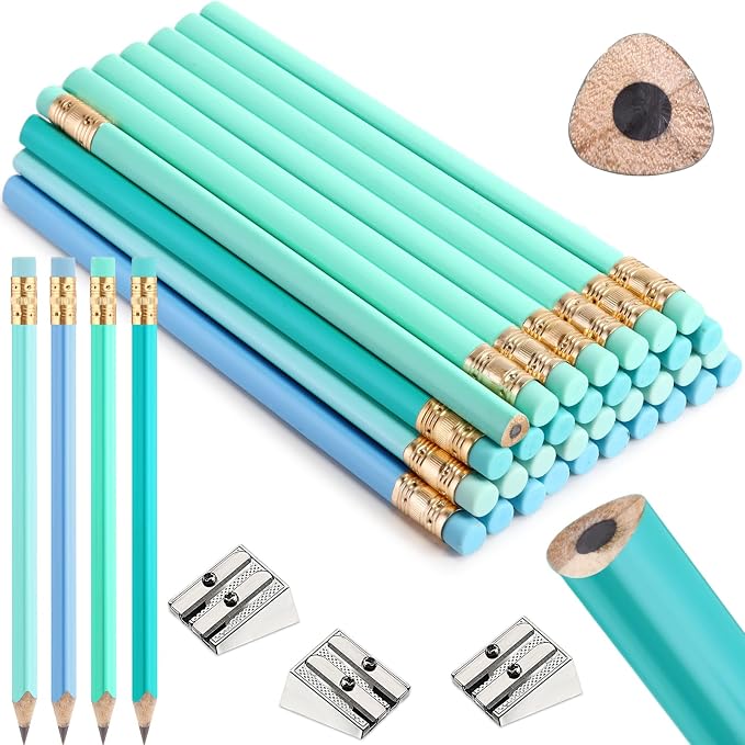 Fainne 48 Pcs Large Pencils 3 Sharpeners,Turquoise Blue Series,Triangle