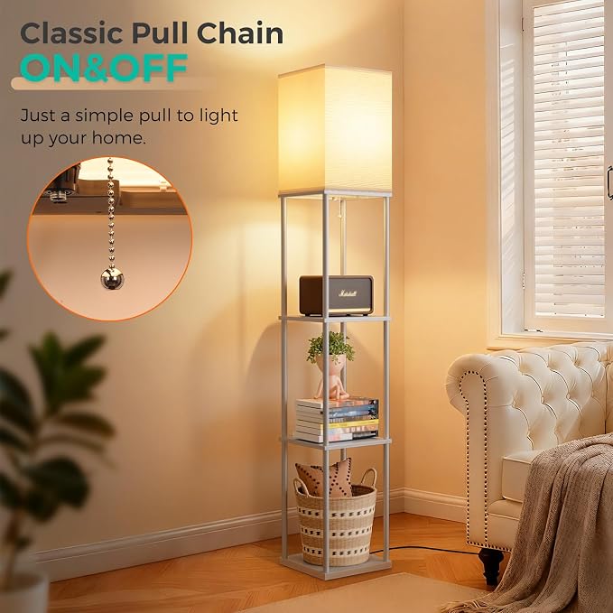 Floor Lamp with Shelves, 3-Tier Modern Square Bookshelf Standing Lamp Grey | 3 Color Temperature Bulb Included, Pull Chain Tall Lamp for Living Room Bedroom Corner Office Apartment Decor