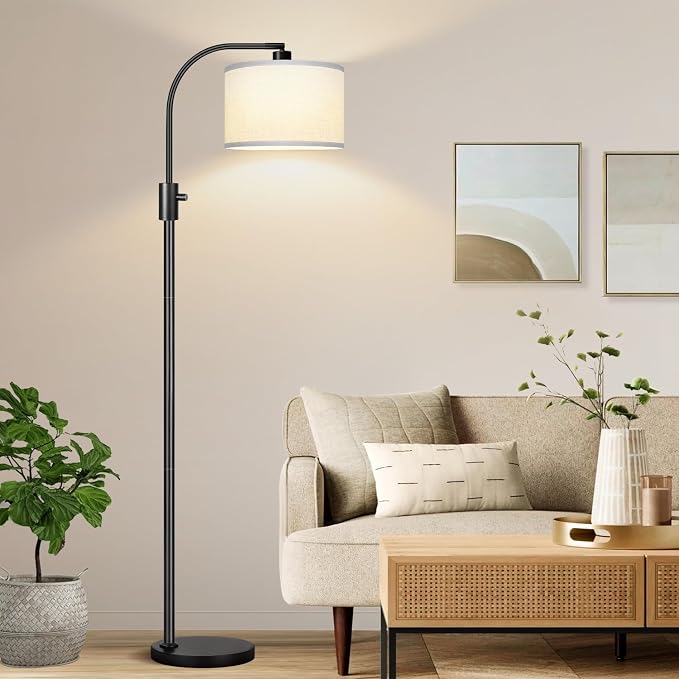 Nintiue Upgraded Modern Arc Dimmable Tall Standing Floor Lamp with White Shade, 1200 Lumens LED Bulb Included, for Living & Reading Room, Bedroom, Office & Nursery, Black