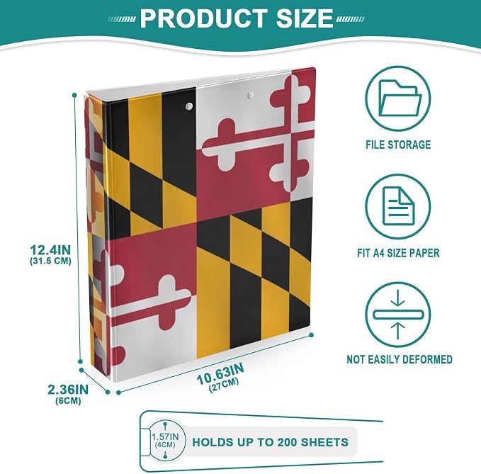 Traditional Maryland Us State Flag Decorative 3 Ring Binder 1.5 Inch Large View Binders with Pockets Holds 200 Sheets File Organizer for Office College School, 1 Pack