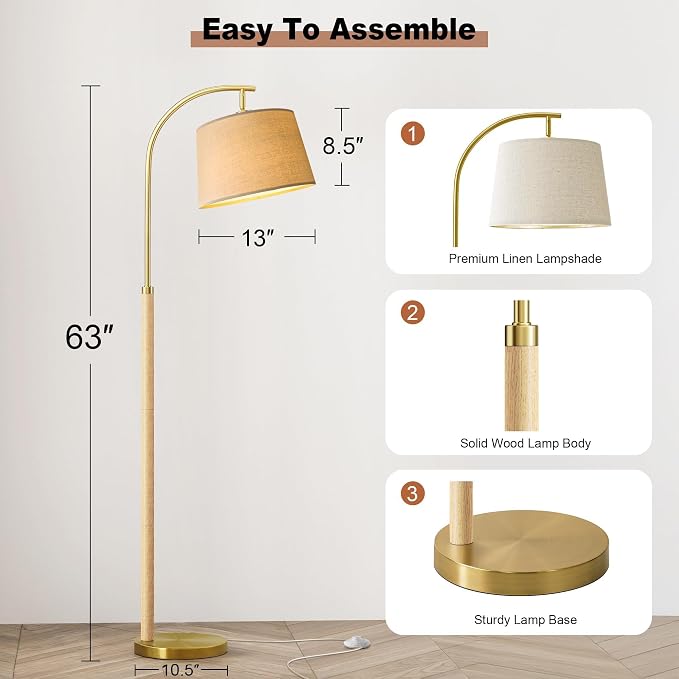 G-SAFAVA Real Wood Floor Lamps for Living Room Bedroom, 62.5" Mid Century Modern Lamp Gold Standing Tall Arc Lamps with Foot Switch, Floor Lamps for Nursery Office Decor Corner Reading Room Light