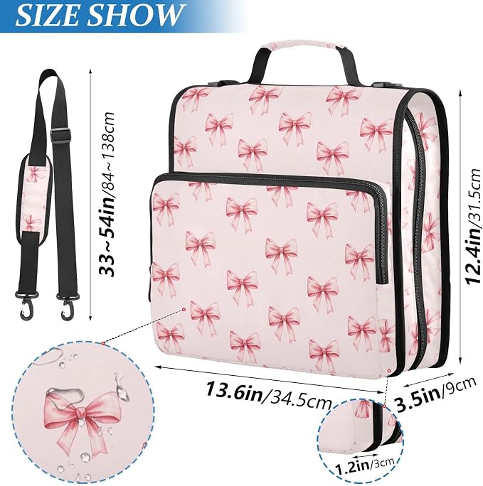 Pink Ribbon Bow Print Zipper Binder Bag 3 Ring with Shoulder Strap & Handle Multi Pocket Binder Organizer Bag Large Capacity for School Office Supplies