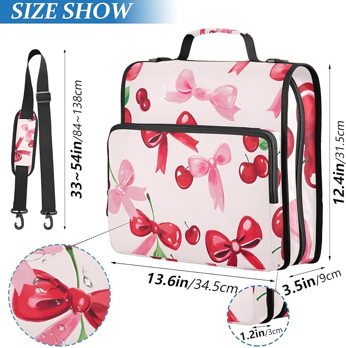 Cherries Bows Pattern Zipper Binder 3 Ring Binder with Shoulder Strap 500 Sheet Capacity Storage Organizer File Folder