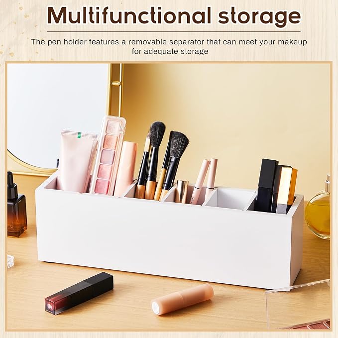 Jetec Wooden Pencil Pen Holder for Desk 6 Compartments Cosmetic Makeup Brush Stationery Office Desktop Organizers for Countertop Adjustable Silverware Caddy for Party, Art Supplies,Home(White)
