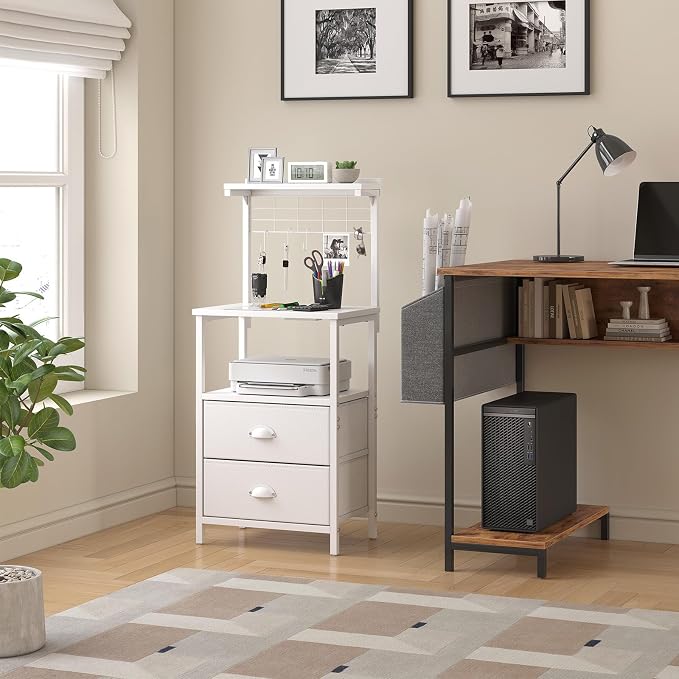 sthmec Tall Nightstands with Charging Station, LED Night Stand Bedsides with 2 PU Finish Fabric Drawers,Hooks,USB Port and Oepn Storage Shelves,Tall End Table Bedside for Bedroom,Office, White