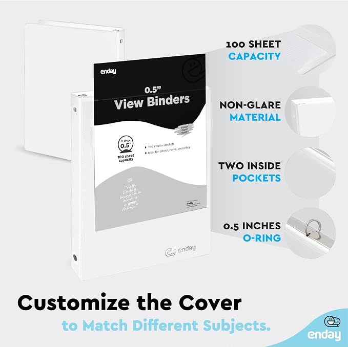 Enday 1/2 inch Binder 3 Ring Binder (6 Pack - White) O-Ring Binder with Clear View Cover and 2 Inside Pocket - for Letter Size 8.5 x 11'' Paper, Ideal for School Supplies, Office, and Home