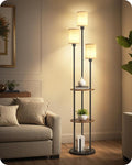 70.9" Floor Lamp with Shelves, Modern Floor Lamp with 3 Linen Shades and Foot Switch, 3-Light Standing Lamp, for Living Room, Bedroom, Study, Office, Rustic Brown and Beige EF53LD05