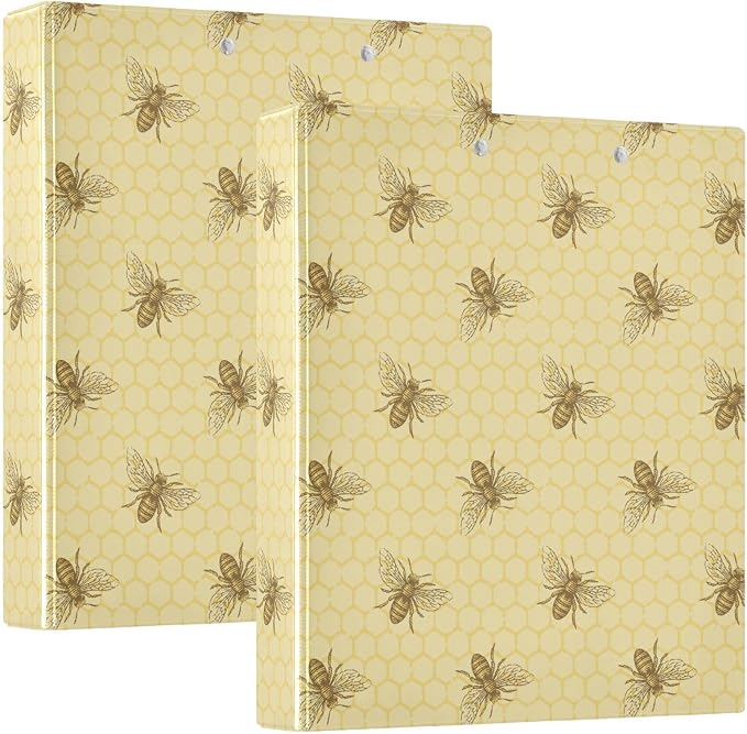 Bee Honeycomb1.5 Inch Binders 3 Ring with Clipboard&2 Pockets Large Heavy Duty Binders Decorative D-Ring Binder Flexible Hardcover Binders, Holds 200 Sheets