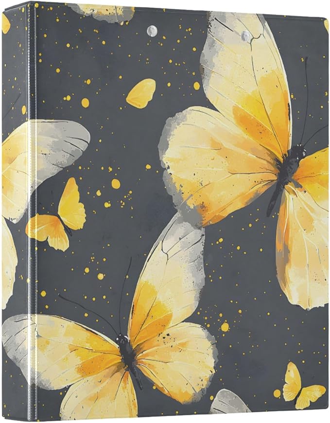 Butterfly Yellow Butterflies 3 Ring Binder with 2 Interior Pockets 1.5 inch Binders 3 Ring Heavy Duty Fit 8.5" x 11" Letter Size for Office School, 2 Pack